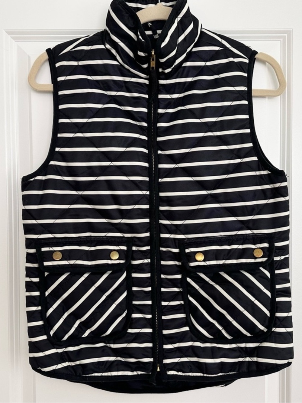 Fall Navy & White Striped Quilted Puffer Vest